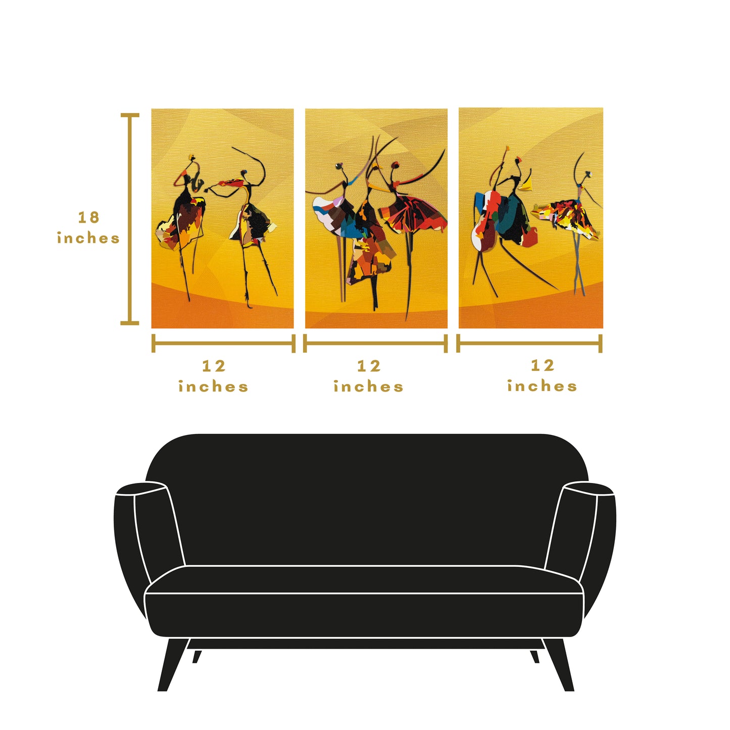 Dancing Theme Abstract Premium Trio Canvas Painting Yellow (Set of 3)