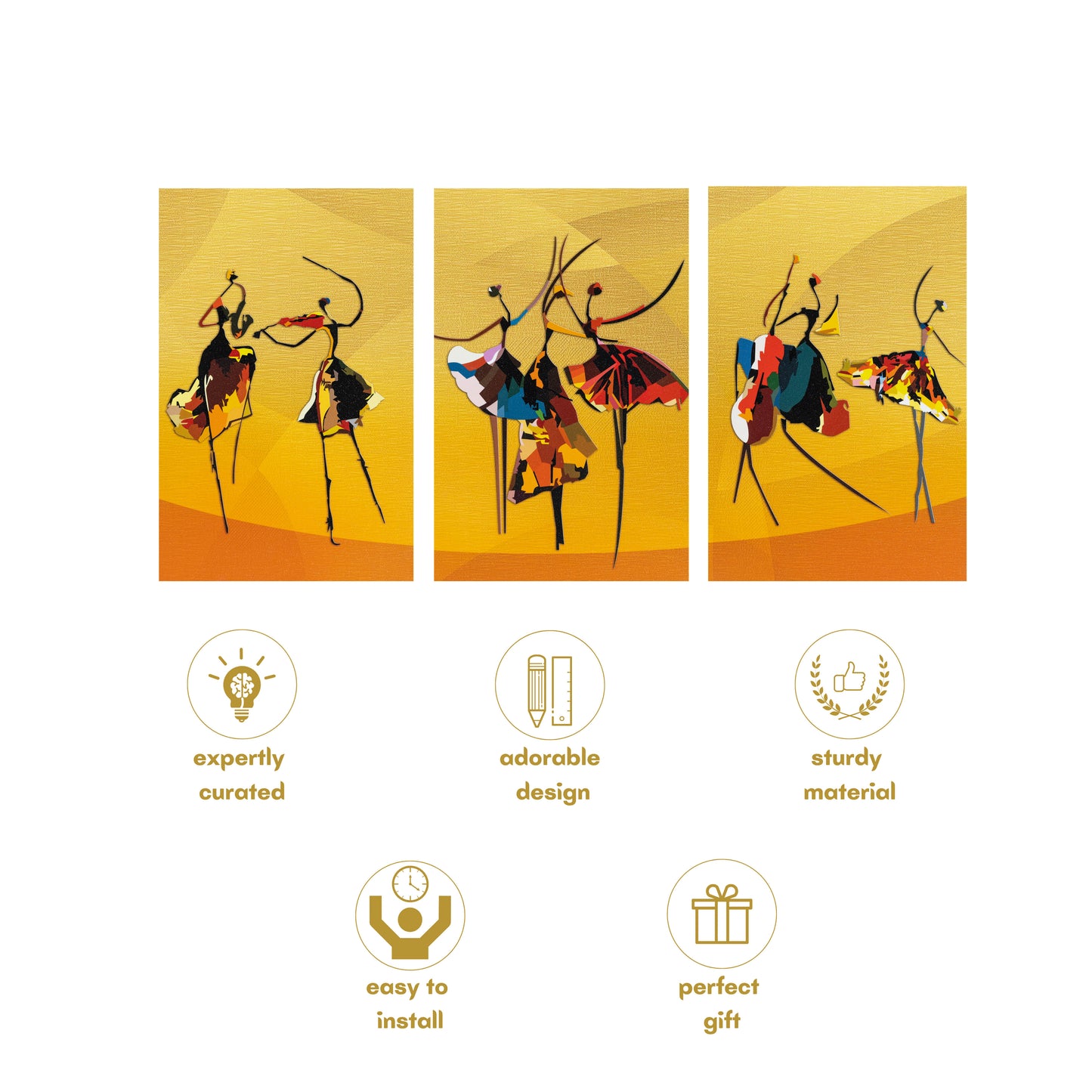 Dancing Theme Abstract Premium Trio Canvas Painting Yellow (Set of 3)